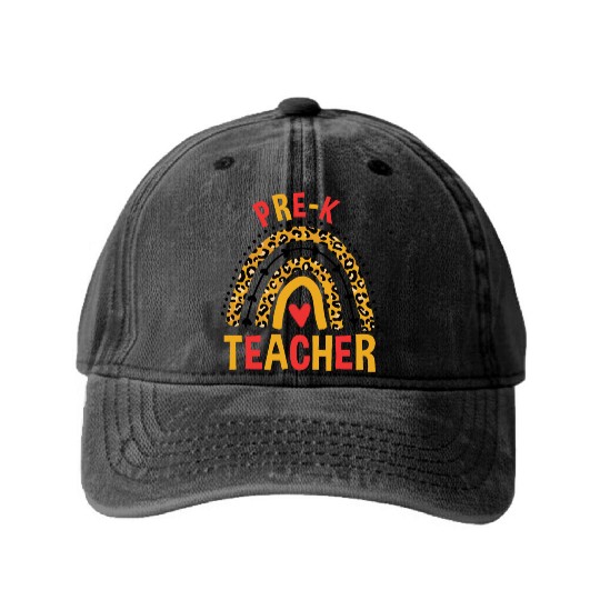 Back To School Leopard Pre-K Teacher Rainbow Washed Denim Baseball Caps
