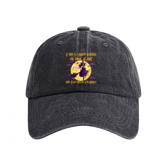 Witch and Flamingo Halloween Washed Denim Baseball Caps