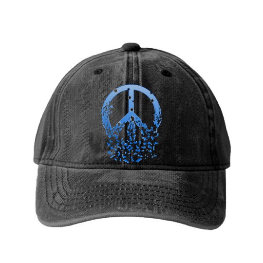 Blue Peace Sign Bullet Holes Disintegrates Washed Denim Baseball Caps