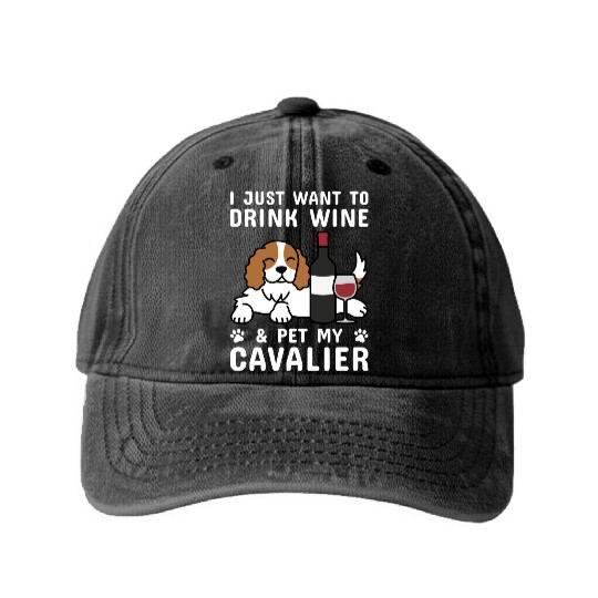 Drink Wine Cavalier King Charles Spaniel Washed Denim Baseball Caps