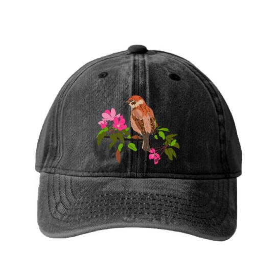 Sparrow on a branch pink flowers of an apple tree Washed Denim Baseball Caps