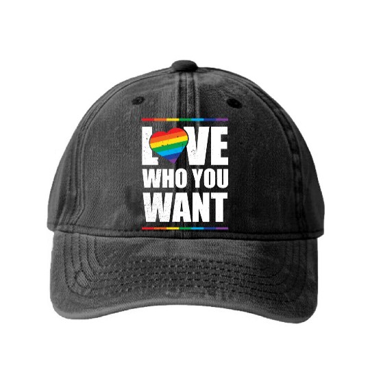 LGBT Love Who You Want Gay Pride Rainbow Heart Washed Denim Baseball Caps