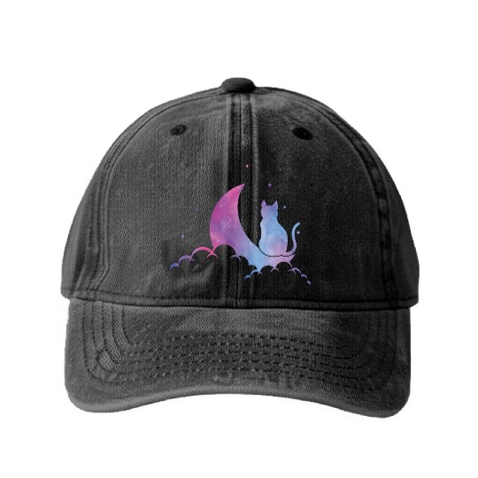 Celestial Cat Lover Pastel Goth Feline Washed Denim Baseball Caps