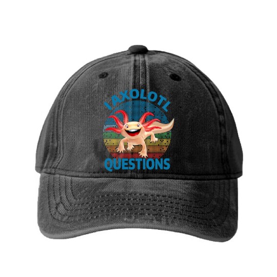 I Axolotl Questions Cute Retro Vintage Axolotl Washed Denim Baseball Caps