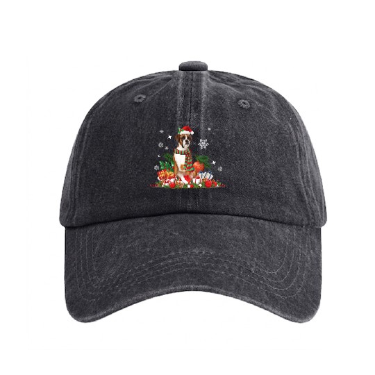 Boxer Dog Christmas themed and Christmas decorated Washed Denim Baseball Caps