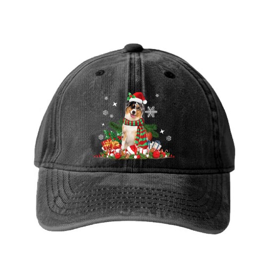 Christmas Australian Shepherd, Aussie dog Washed Denim Baseball Caps