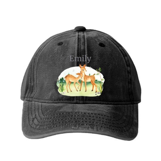 Forest Animal Deer Flowers Name Emily Washed Denim Baseball Caps
