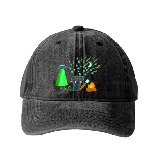 Trick or Treat - Alien Camping Kitten Washed Denim Baseball Caps
