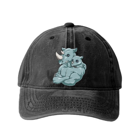 Strong Rhino with Rhino Kid for a Rhinoceros Washed Denim Baseball Caps