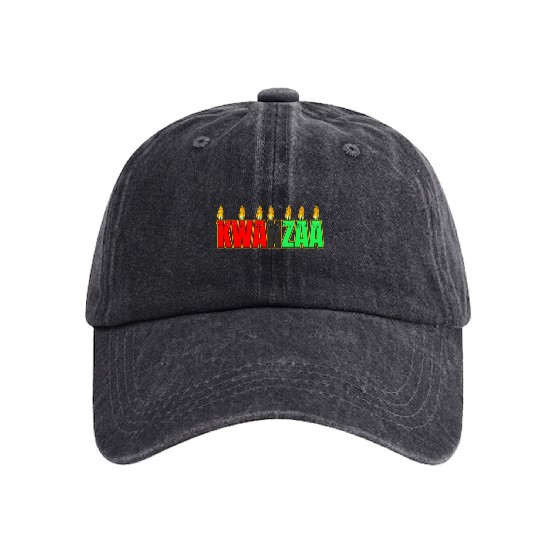 Afro American Candle Kinara Kwanzaa Washed Denim Baseball Caps