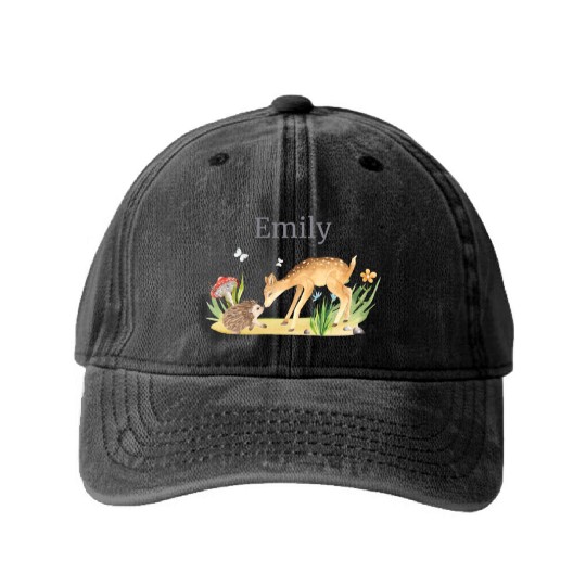 Forest Animal Deer Hedgehog Flowers Name Emily Washed Denim Baseball Caps