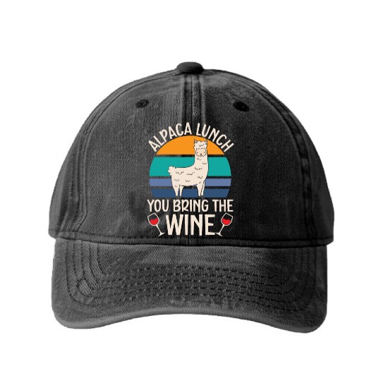Alpaca Lunch You Bring The Wine Drinker Llama Washed Denim Baseball Caps