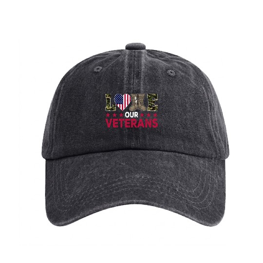 Love US Veteran Veterans Day Patriotic American Fl Washed Denim Baseball Caps