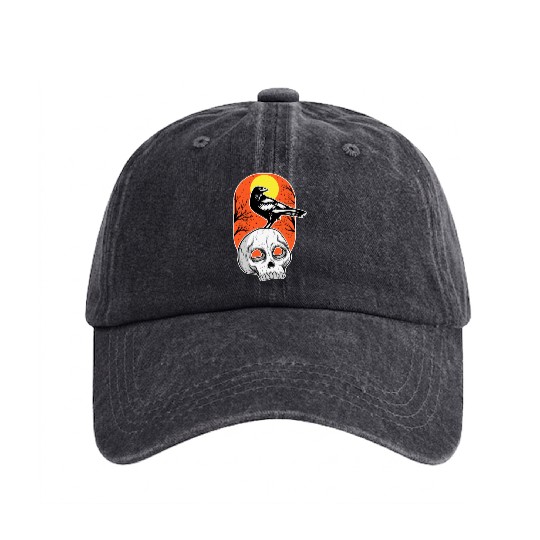 Halloween Skull And Black Crow Design Washed Denim Baseball Caps