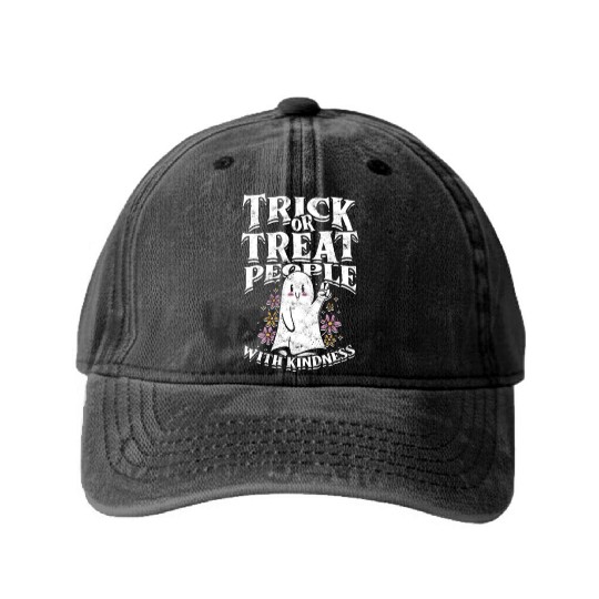 Trick or treat people with kindness - cute ghost Washed Denim Baseball Caps