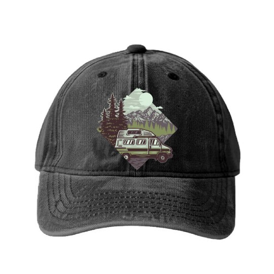 Camping Mountains Wilderness Washed Denim Baseball Caps