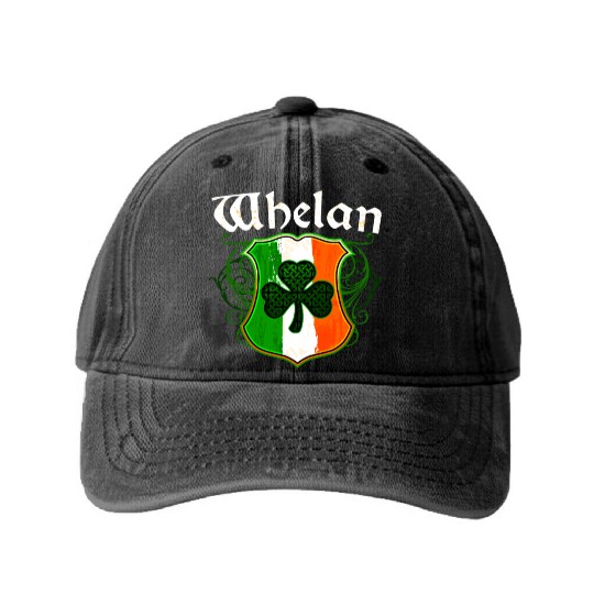 Whelan Irish Surname Ireland Flag Shield Shamrock Washed Denim Baseball Caps