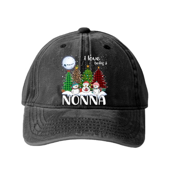 I Love Being A Nonna Snowman Xmas Leopard Tree Washed Denim Baseball Caps