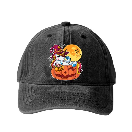 Halloween Unicorn Pony Trick Or Treat Halloween Washed Denim Baseball Caps