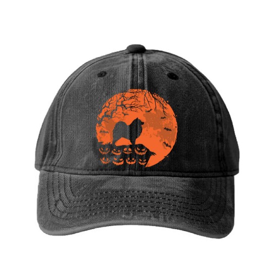 Keeshond And Moon Halloween Funny Dog Lover Gift Washed Denim Baseball Caps