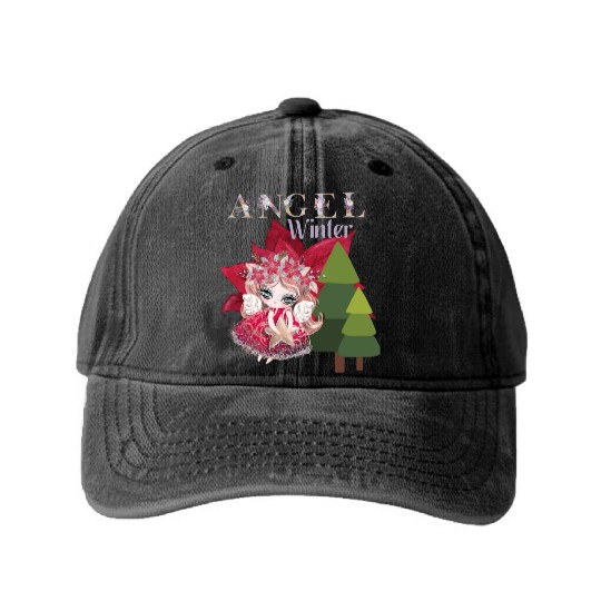 Winter Angel Christmas Tree Poinsettia Washed Denim Baseball Caps