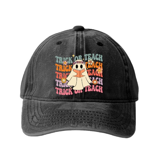 Groovy Trick or Teach Boo Ghost Pre-K Teacher Life Washed Denim Baseball Caps