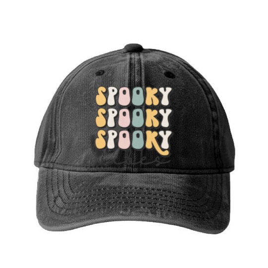 Spooky Vibes Groovy Halloween Trick Or Treat Washed Denim Baseball Caps