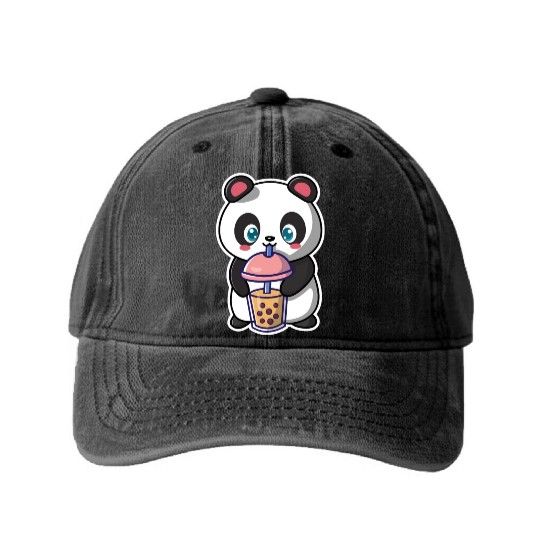 Panda Bear Boba Milk Tea Funny Bubble Tea Lovers Washed Denim Baseball Caps
