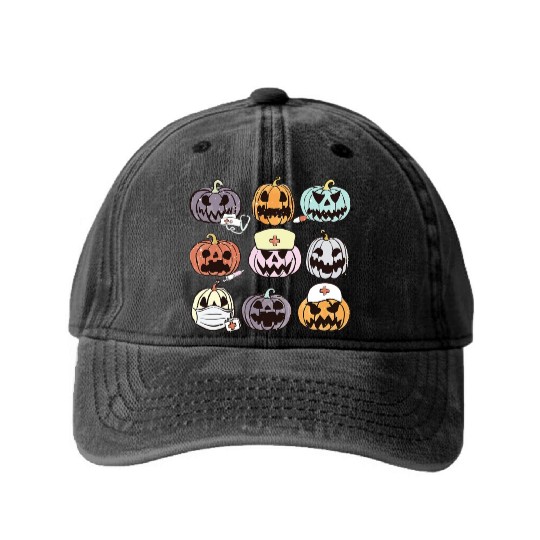 Trick or Treat ER Squad Pumpkin Nurse Halloween Washed Denim Baseball Caps