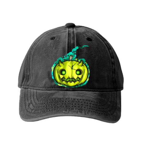 Green Pumpkin Spirit With Horns Halloween Washed Denim Baseball Caps