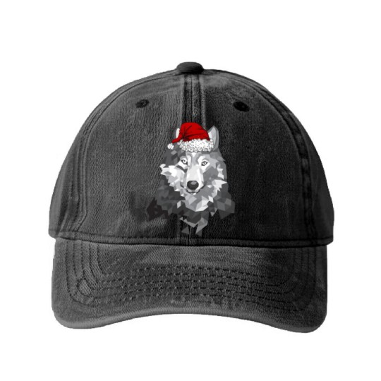 Grey Wolf Christmas Santa Hat Wolves Lover Wolfmas Washed Denim Baseball Caps