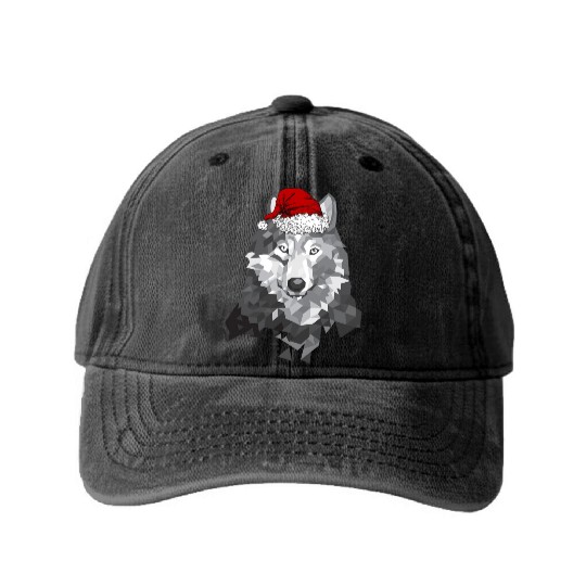 Grey Wolf Christmas Santa Hat Wolves Lover Wolfmas Washed Denim Baseball Caps