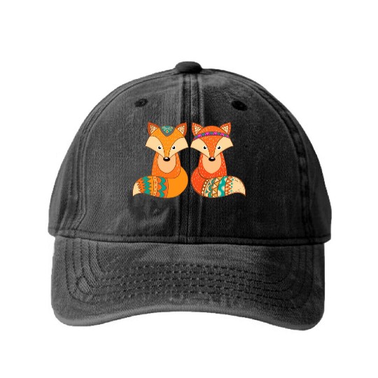 Tribal Fox Couple Wildlife Animal Lover Zookeeper Washed Denim Baseball Caps