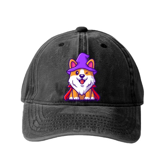 Dog With Witch Hat And Cloak - Halloween Washed Denim Baseball Caps