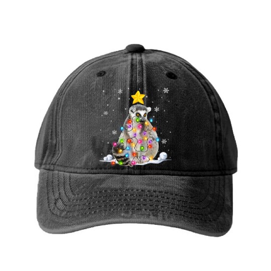 Xmas Lemur Animals Lover Christmas Tree Lights Washed Denim Baseball Caps