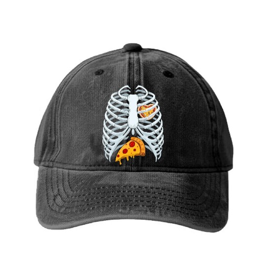 Funny PIzza Skeleton Rib Cage Halloween Costume Washed Denim Baseball Caps