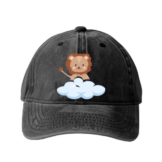 Baby lion flying in the clouds. Washed Denim Baseball Caps