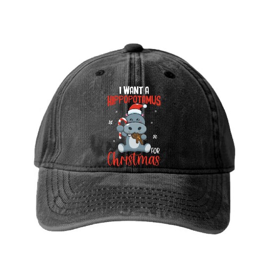 X-Mas Quote - I Want Hippopotamus For Christmas Hi Washed Denim Baseball Caps