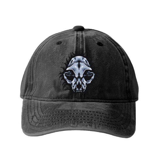 Cat Skull Bursting out gray scale oddities Washed Denim Baseball Caps
