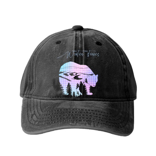 Winter stories Bear Trees Pastel Rainbow Washed Denim Baseball Caps