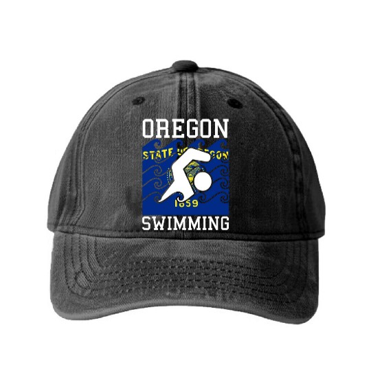 Oregon Flag Swimming Team Pacific Swim Swimmer US Washed Denim Baseball Caps