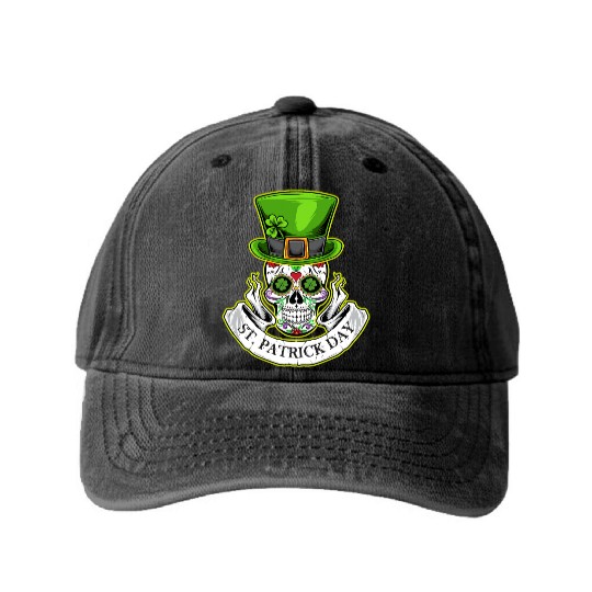 Sugar Skull | St Patrick Day | Lucky Charm Irish Washed Denim Baseball Caps