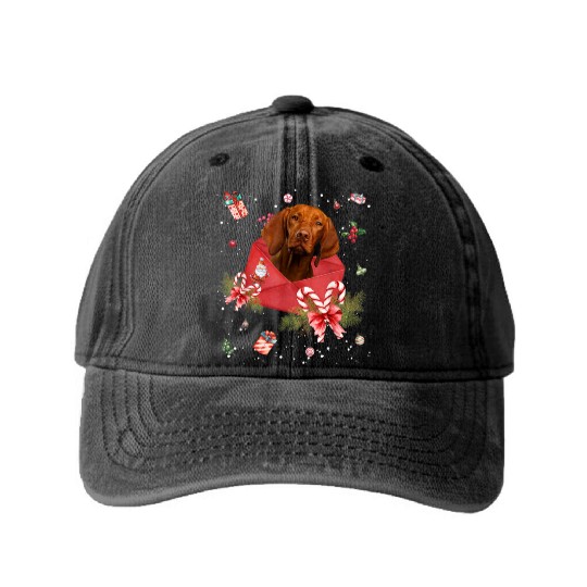 Vizsla Dog In Christmas Card Ornament Pajama Xmas Washed Denim Baseball Caps