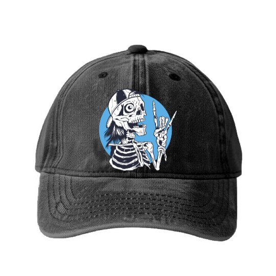 Skeleton rock and roll cartoon Washed Denim Baseball Caps