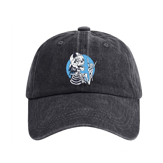 Skeleton rock and roll cartoon Washed Denim Baseball Caps