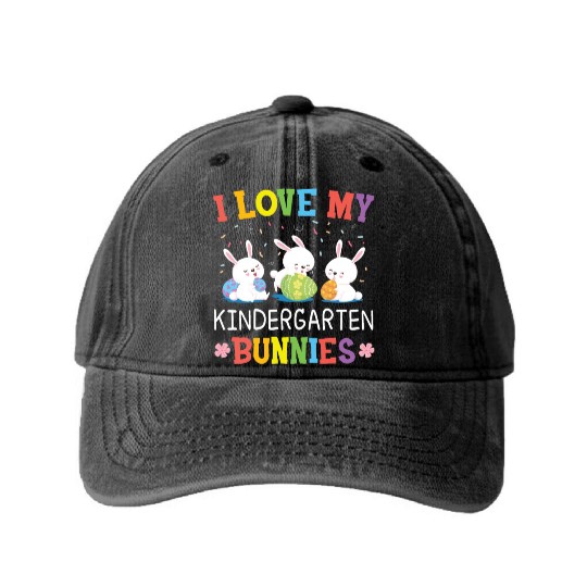 I Love My Kindergarten Bunnies easter Washed Denim Baseball Caps