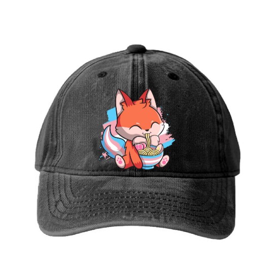Transgender Pride Kawaii Fox Ramen Noodles Trans F Washed Denim Baseball Caps