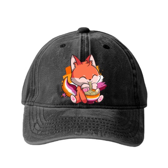 Lesbian Pride Gay Kawaii Fox Ramen Noodles Lesbian Washed Denim Baseball Caps