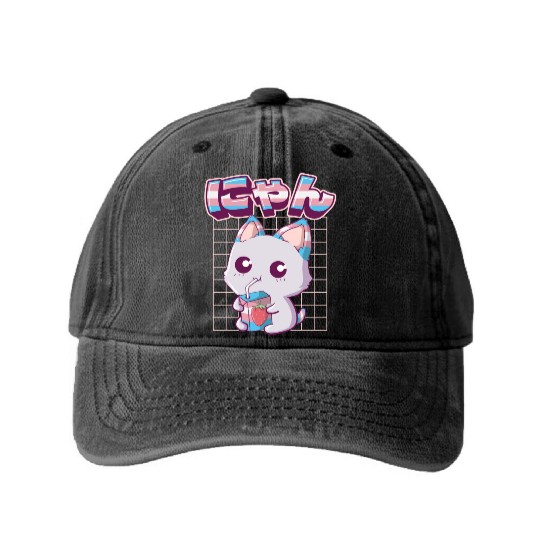 Transgender Pride Kawaii Cat Strawberry Milk Trans Washed Denim Baseball Caps