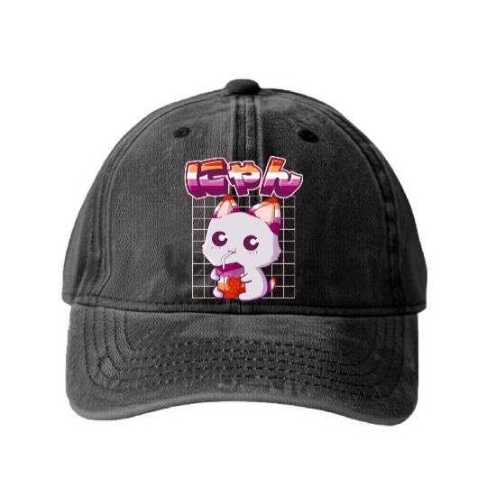 Lesbian Pride Gay Kawaii Cat Strawberry Milk Lesbi Washed Denim Baseball Caps